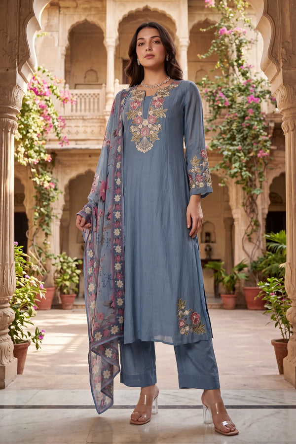 Blue Belle Embroidered Suit Set