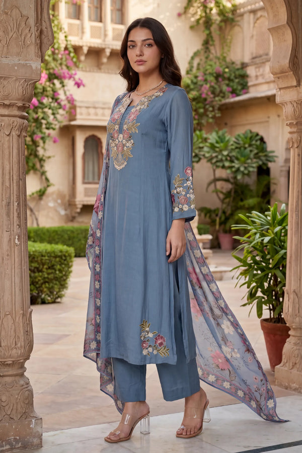 Blue Belle Embroidered Suit Set