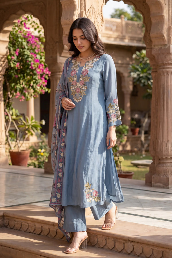 Blue Belle Embroidered Suit Set