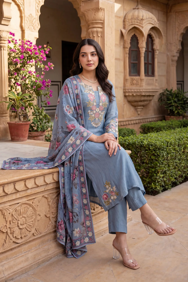 Blue Belle Embroidered Suit Set
