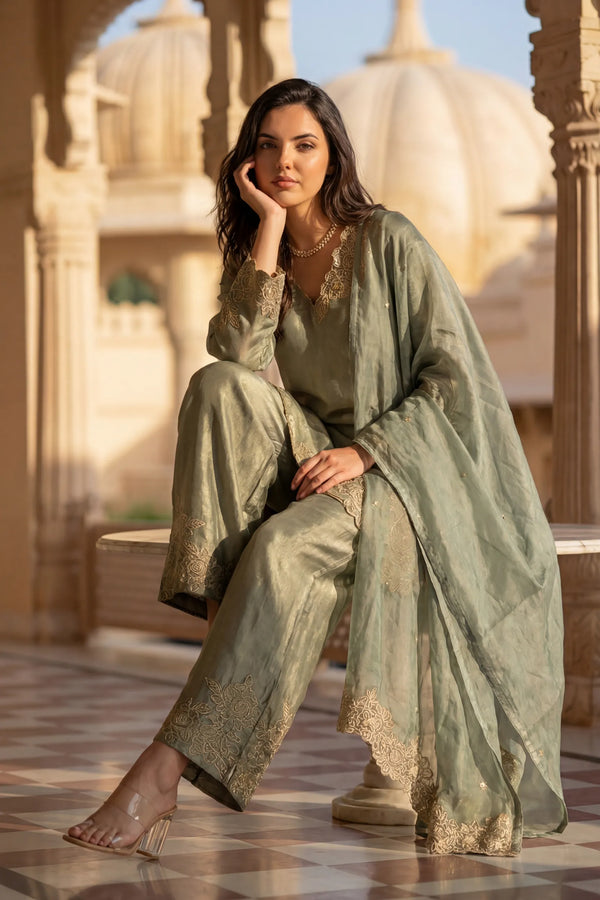 Sage Bloom Shimmer Tissue Suit Set