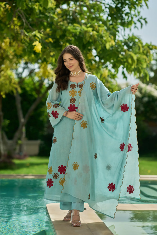 Sky Bloom Embroidered Suit Set