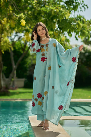 Sky Bloom Embroidered Suit Set