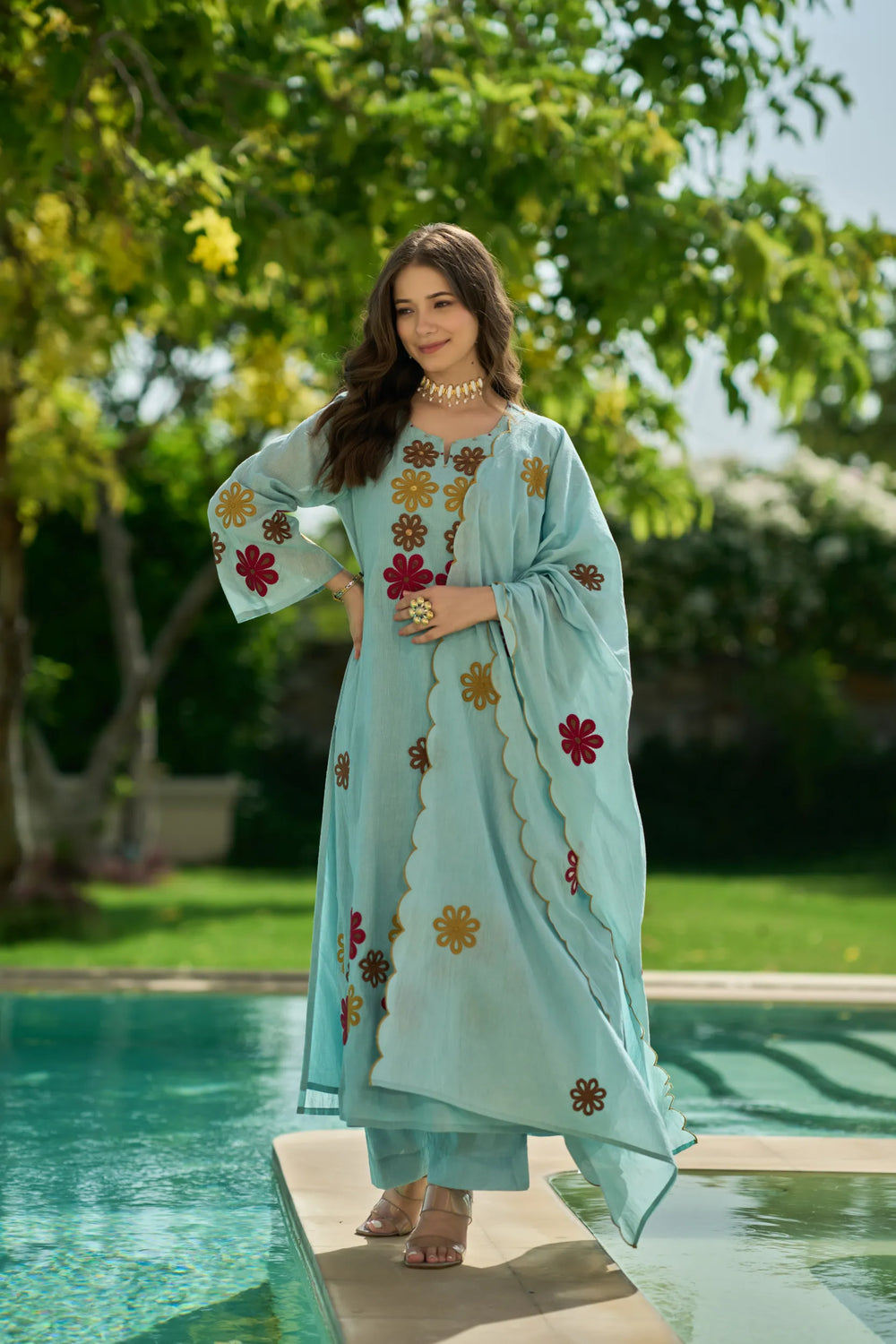 Sky Bloom Embroidered Suit Set