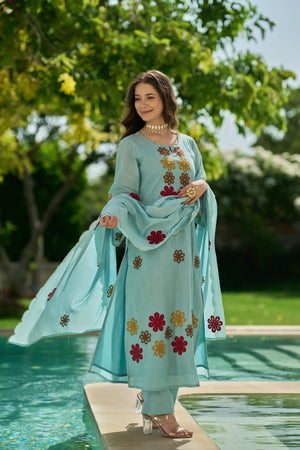 Sky Bloom Embroidered Suit Set
