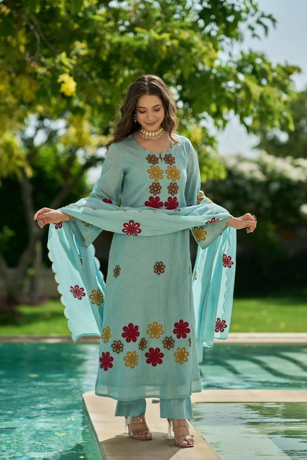 Sky Bloom Embroidered Suit Set