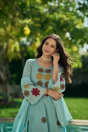 Sky Bloom Embroidered Suit Set