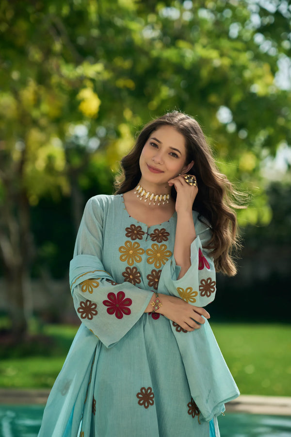 Sky Bloom Embroidered Suit Set