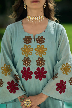 Sky Bloom Embroidered Suit Set