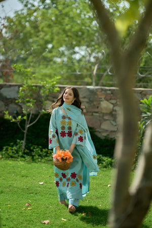 Sky Bloom Embroidered Suit Set