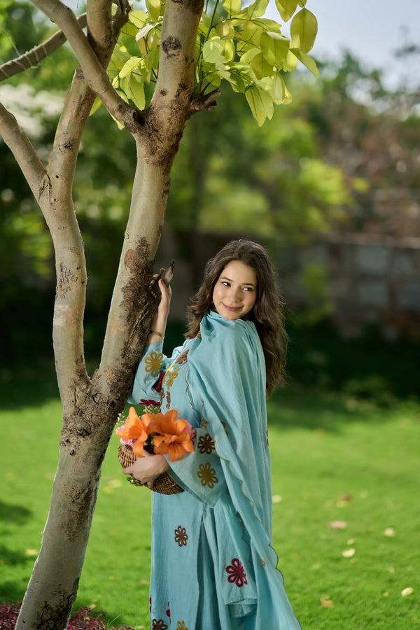 Sky Bloom Embroidered Suit Set