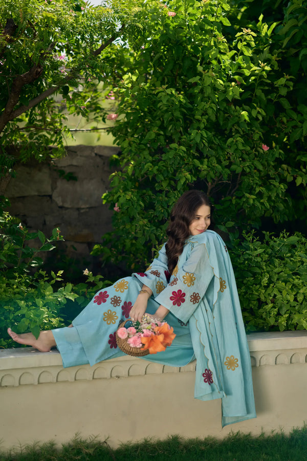 Sky Bloom Embroidered Suit Set