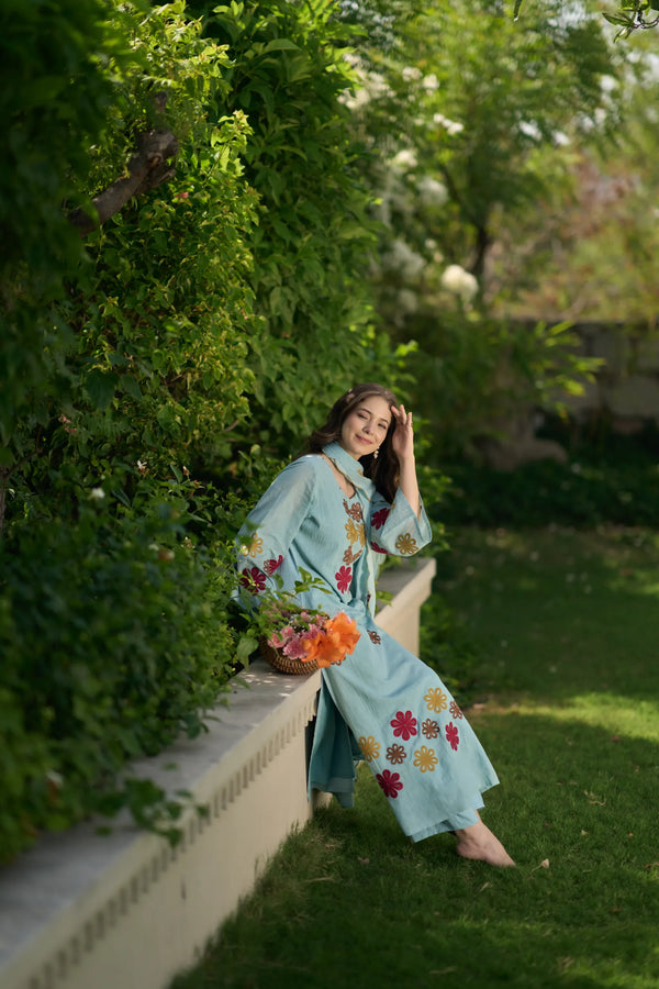 Sky Bloom Embroidered Suit Set